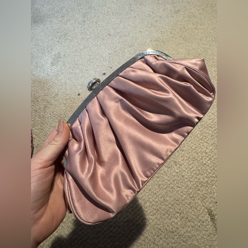 Lulu Townsend Satin Pink clutch with gem opening and silver strap